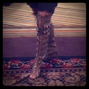 Thigh high open toe boots